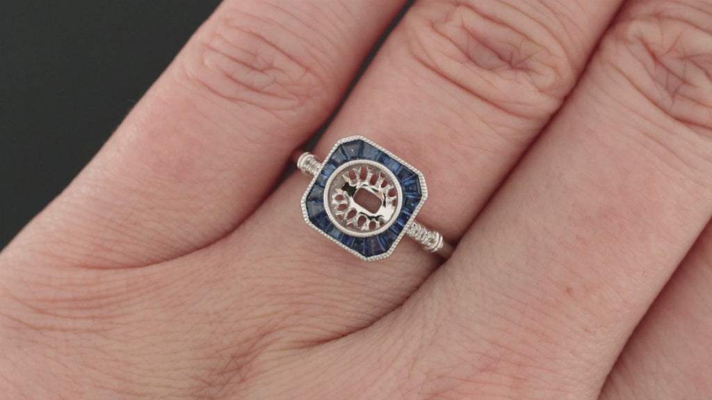 VINTAGE STYLE SAPPHIRE HALO ENGAGEMENT RING SETTING ROUND BEZEL MOUNT WHITE GOLD