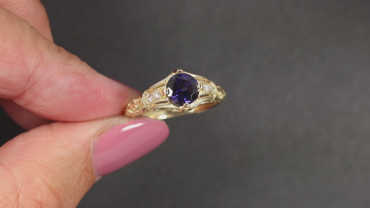 0.77ct VINTAGE STYLE IOLITE DIAMOND COCKTAIL RING 14k GOLD NATURAL BLUE PURPLE