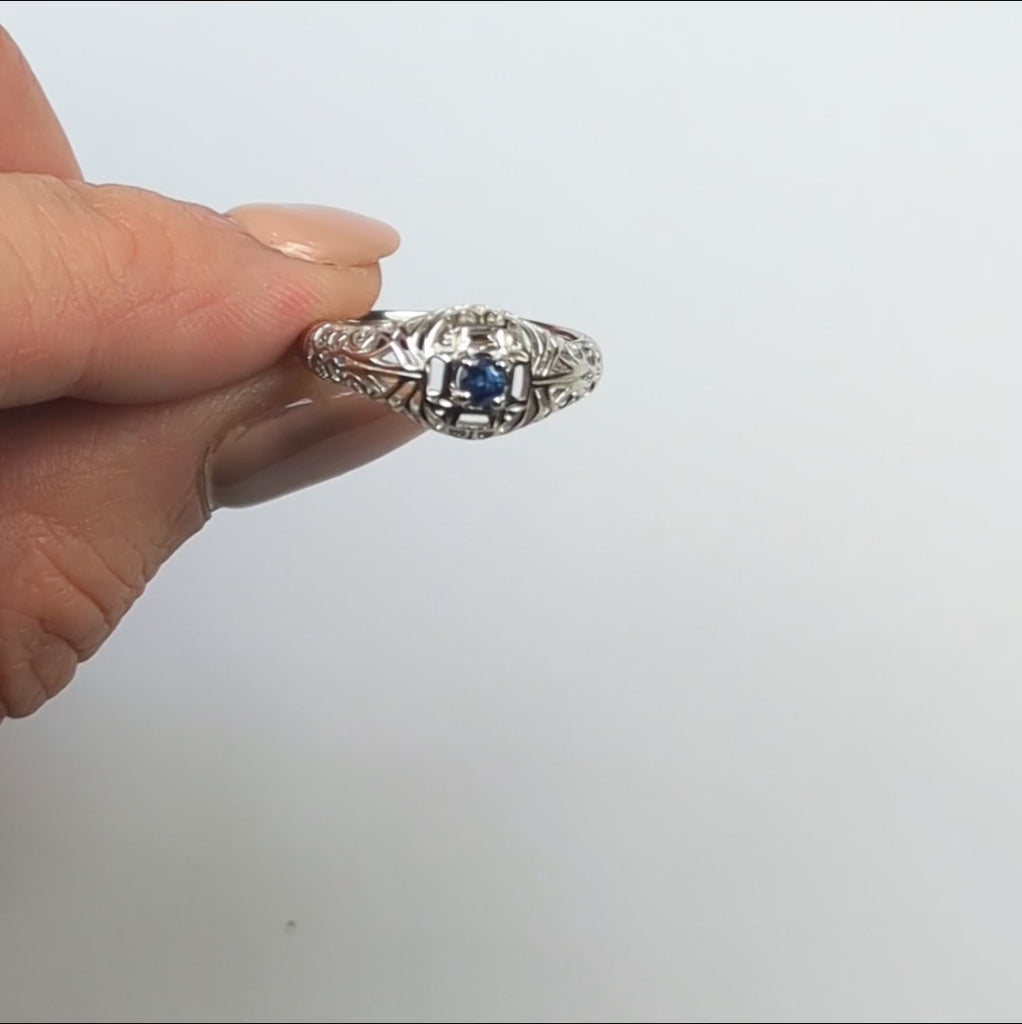 SWISS BLUE TOPAZ VINTAGE STYLE COCKTAIL RING STERLING SILVER DAINTY FILIGREE