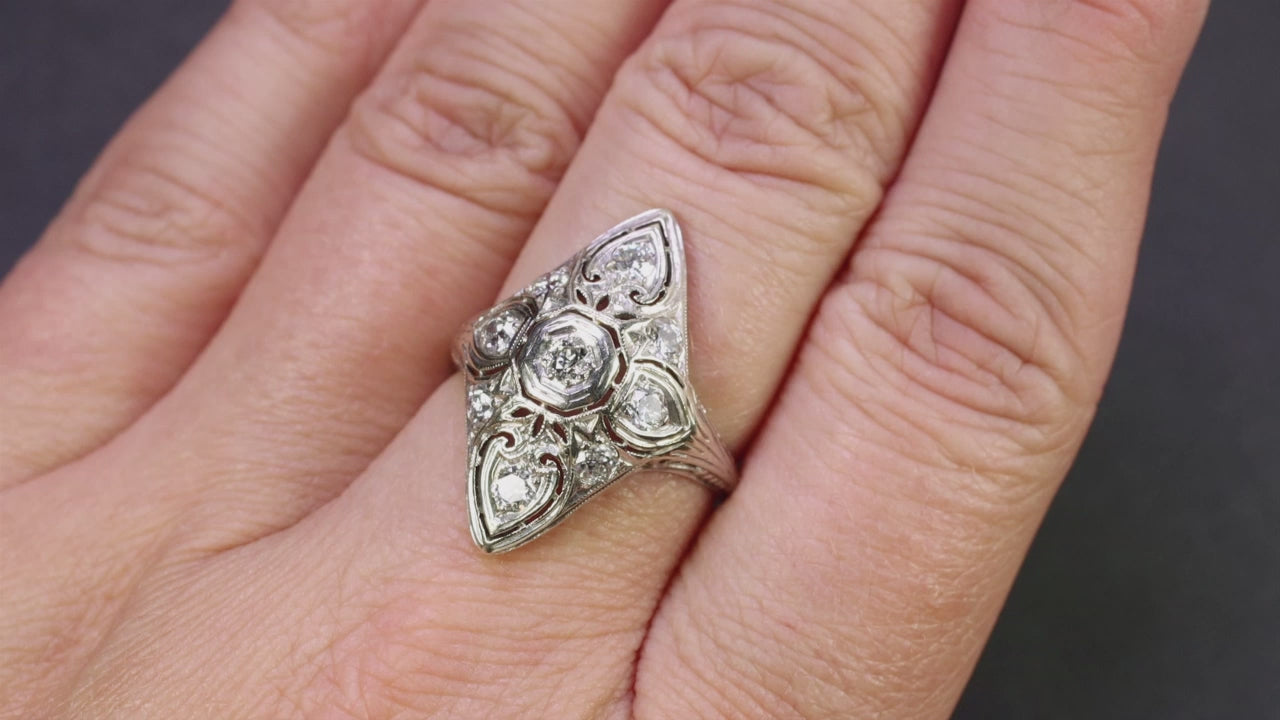0.86ct VINTAGE DIAMOND COCKTAIL RING ART DECO 18k WHITE GOLD FILIGREE OLD CUT