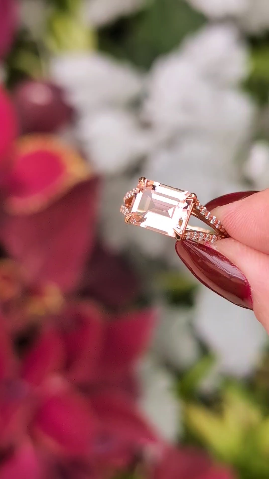 2.7 EMERALD CUT MORGANITE .60ct DIAMOND COCKTAIL RING EAST WEST PINK ROSE GOLD