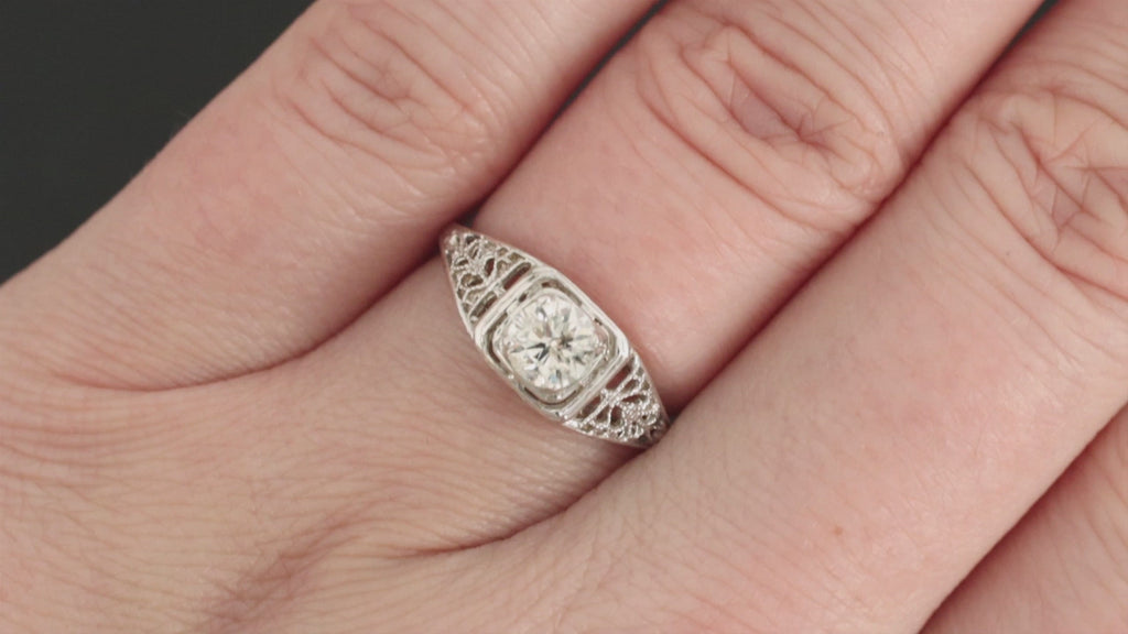 ROUND CUT DIAMOND VINTAGE STYLE ENGAGEMENT RING 1/2 CARAT FILIGREE WHITE GOLD