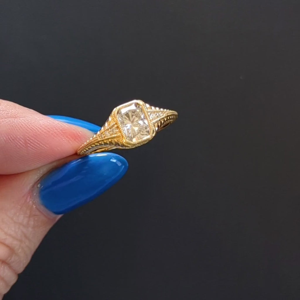 1 CARAT DIAMOND ENGAGEMENT RING RADIANT CUT VINTAGE STYLE 14k YELLOW GOLD BEZEL