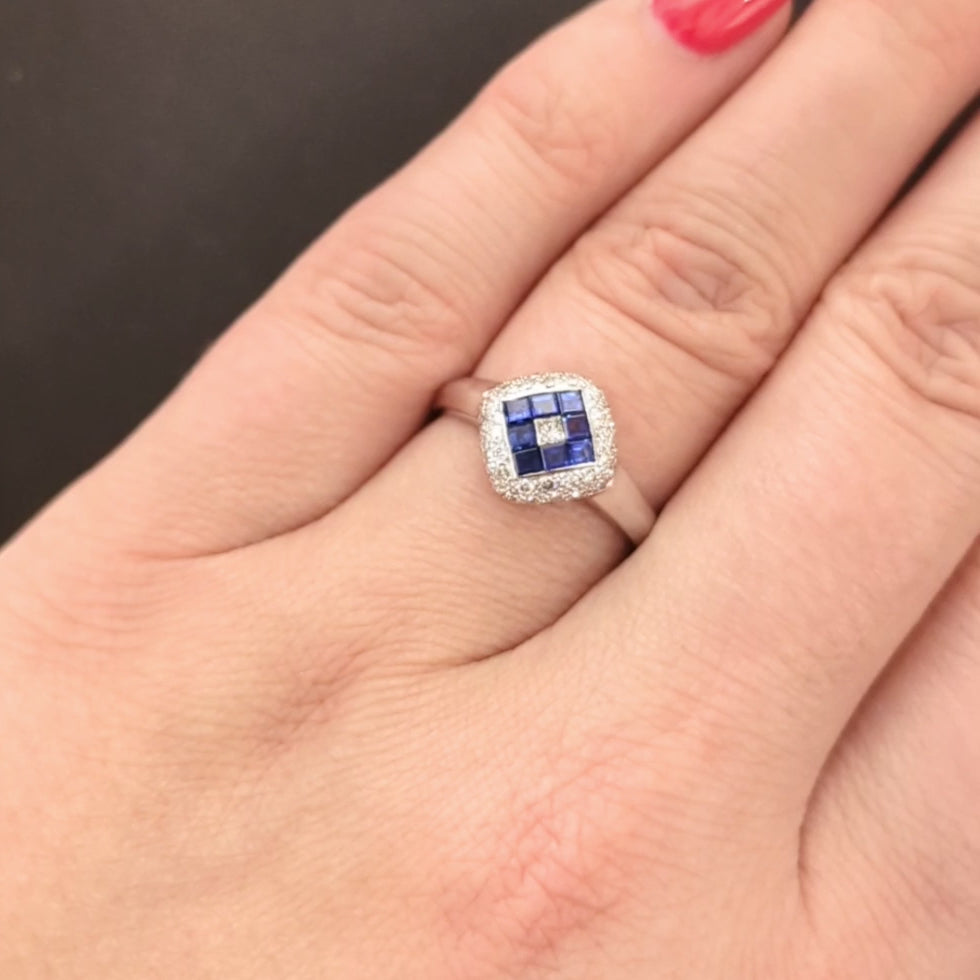 LE VIAN SAPPHIRE DIAMOND COCKTAIL RING 18k WHITE GOLD HALO PAVE DOME DESIGNER
