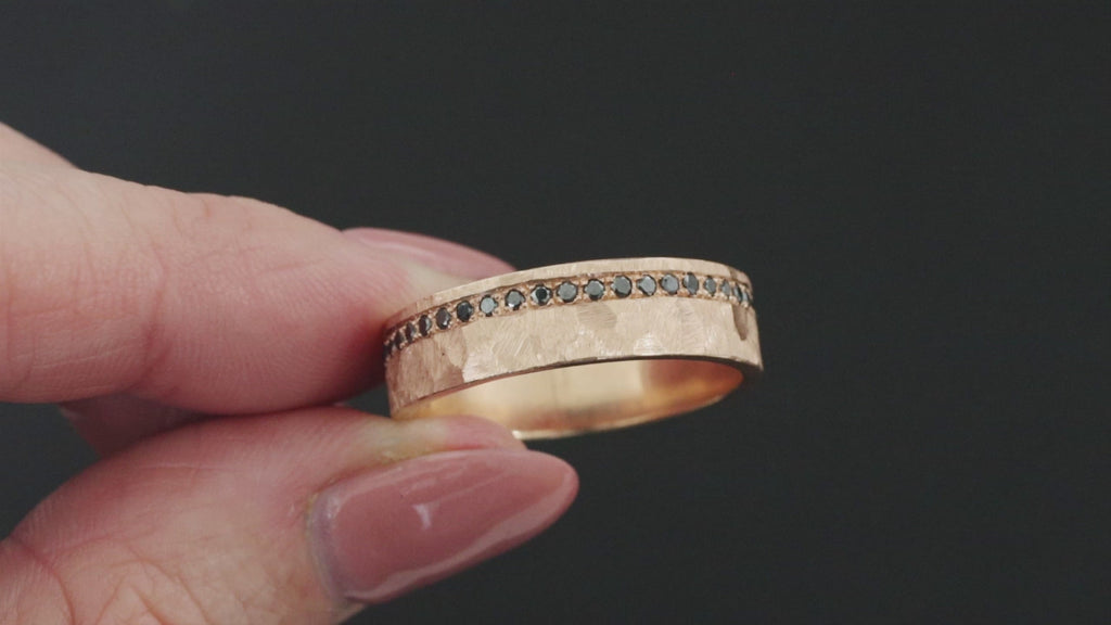 BLACK DIAMOND WEDDING BAND ETERNITY RING WIDE HAMMER FINISH MENS 14k ROSE GOLD