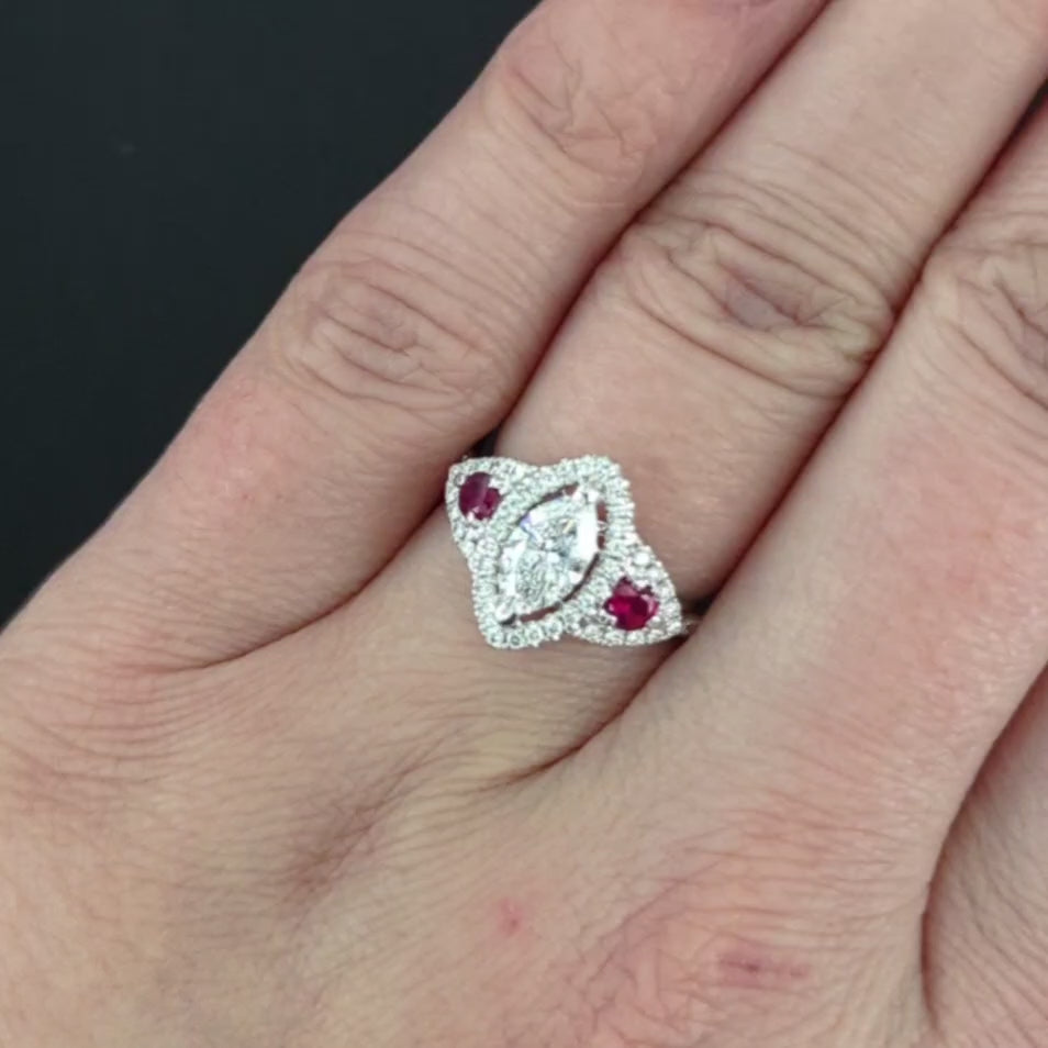 DIAMOND RUBY ENGAGEMENT RING MARQUISE CUT NATURAL THREE STONE HALO WHITE GOLD