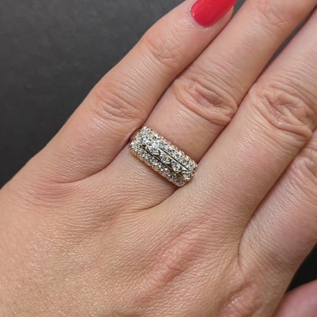 VINTAGE DIAMOND 3 ROW BAND 18k WHITE GOLD RING 1/2ct F VS RETRO COCKTAIL ESTATE