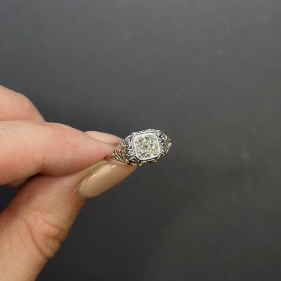 ART DECO DIAMOND ENGAGEMENT RING 0.86ct OLD EUROPEAN CUT 18k WHITE GOLD VINTAGE