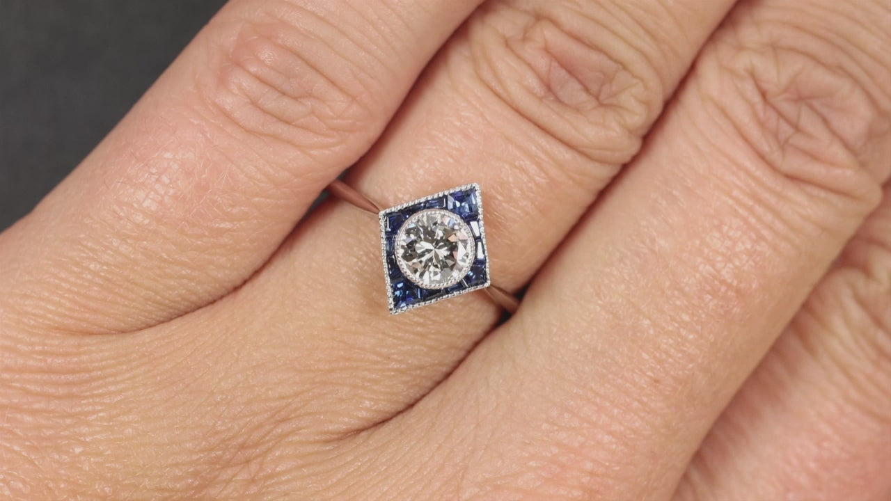 DIAMOND SAPPHIRE RING GIA CERTIFIED E SI1 COCKTAIL 14k WHITE GOLD GEOMETRIC HALO