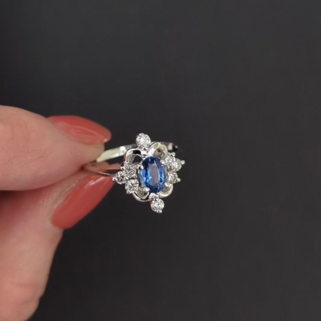 SAPPHIRE DIAMOND COCKTAIL RING 14k WHITE GOLD NATURAL CLUSTER HALO BALLERINA