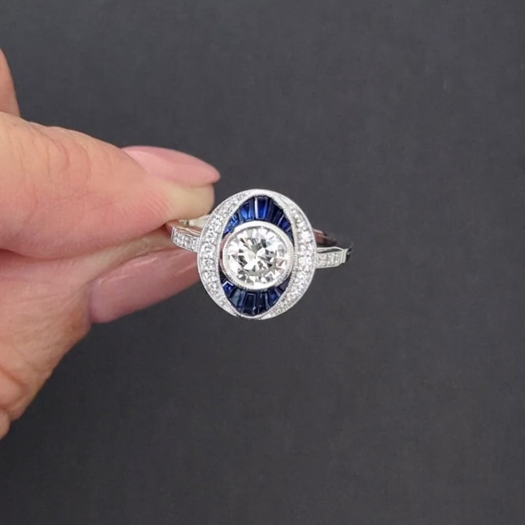 DIAMOND SAPPHIRE COCKTAIL RING VINTAGE STYLE 14k WHITE GOLD ROUND CUT HALO BEZEL