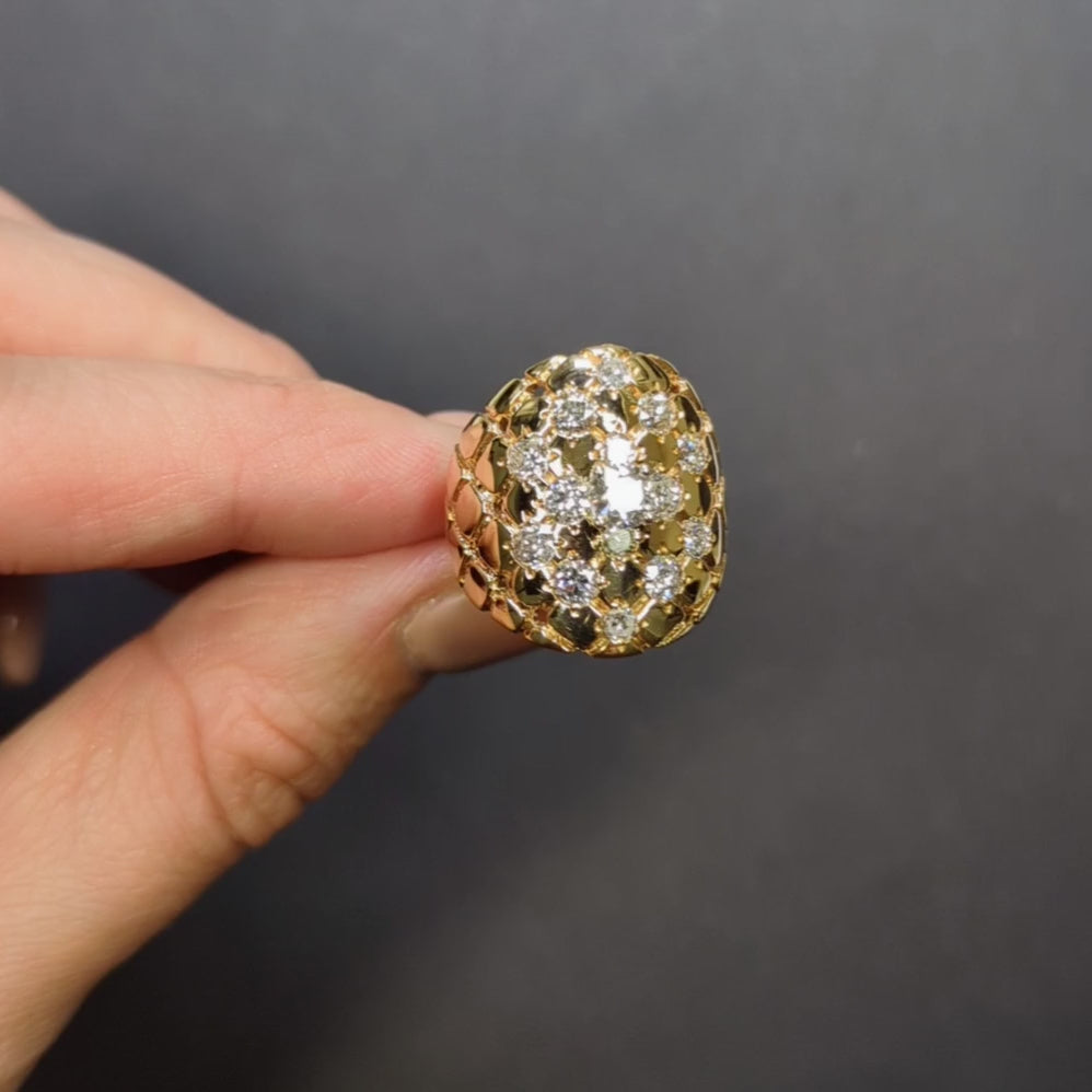 VINTAGE DIAMOND COCKTAIL RING 1.75ct OLD CUT 8.3gm 14k YELLOW GOLD WIDE QUILTED