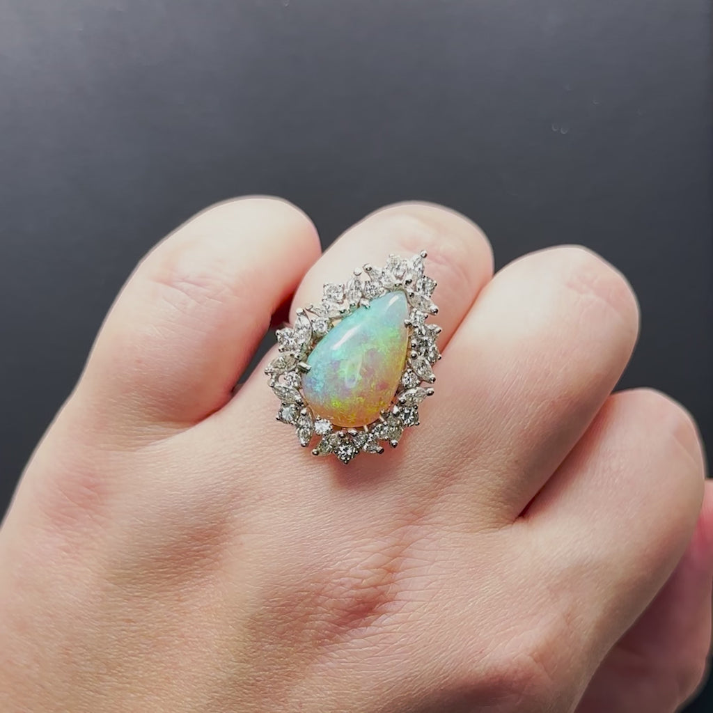 OPAL DIAMOND COCKTAIL RING PEAR SHAPE HALO 18k WHITE GOLD BIG STATEMENT NATURAL