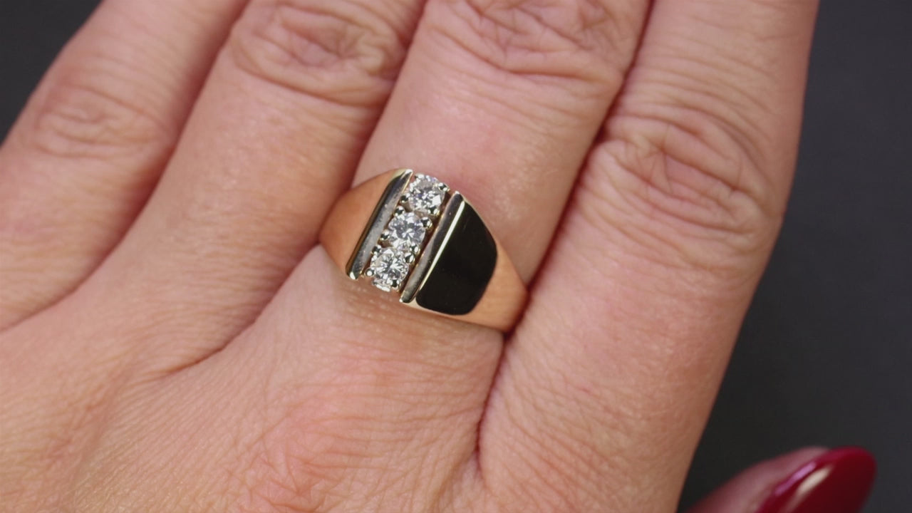 VINTAGE DIAMOND COCKTAIL RING WIDE SIGNET BAND 14k YELLOW GOLD RETRO ESTATE MENS
