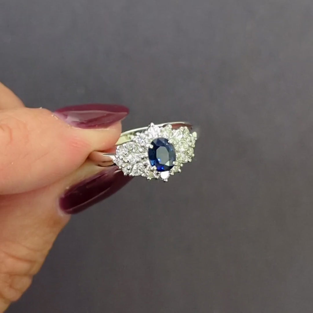 1.23ct SAPPHIRE DIAMOND COCKTAIL RING PLATINUM HALO CLUSTER OVAL MARQUISE SHAPE