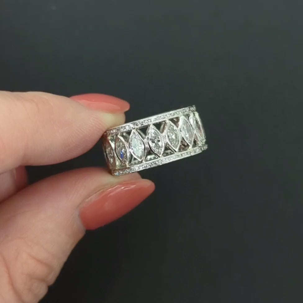 4ct VINTAGE OLD CUT MARQUISE DIAMOND ETERNITY RING WIDE PLATINUM BAND ART DECO