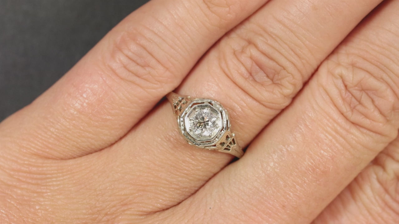 ART DECO DIAMOND SOLITAIRE ENGAGEMENT RING OLD MINE CUT 18K VINTAGE FILIGREE