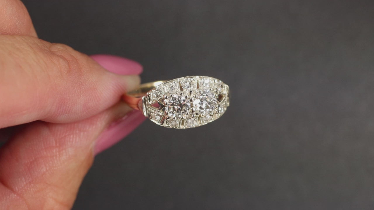 1.10ct VINTAGE DIAMOND COCKTAIL RING OLD EUROPEAN CUT ART DECO 14k TWO TONE GOLD