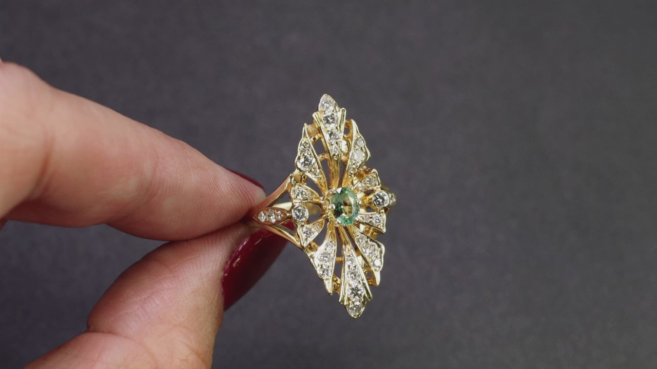 VINTAGE GREEN SAPPHIRE DIAMOND COCKTAIL RING 14k YELLOW GOLD STATEMENT ART DECO