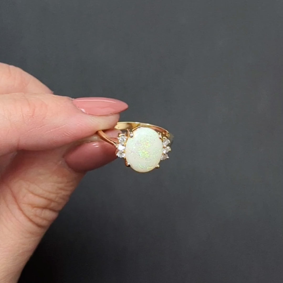 SOLID OPAL DIAMOND COCKTAIL RING 14k YELLOW GOLD ESTATE NATURAL GEMSTONE OVAL