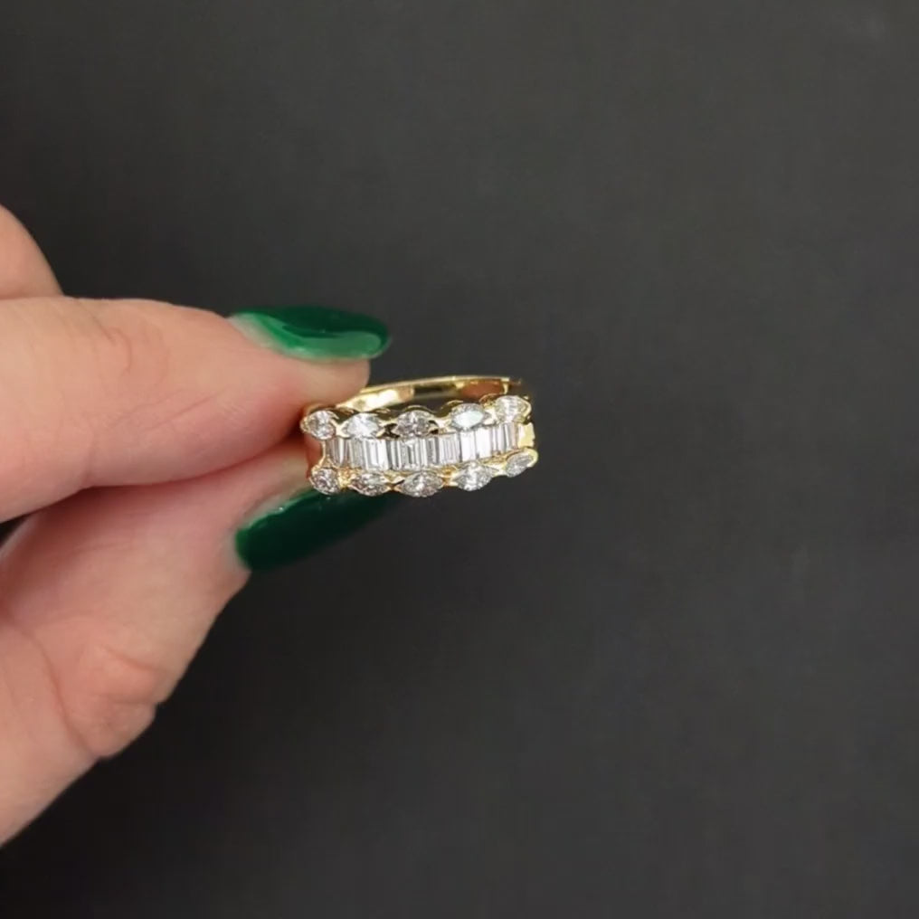 1.5 CARAT DIAMOND COCKTAIL BAND BAGUETTE MARQUISE 3 ROW 14k YELLOW GOLD NATURAL