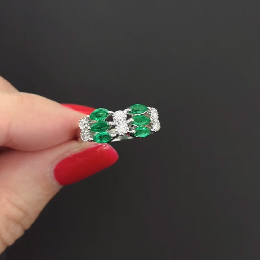 EMERALD DIAMOND COCKTAIL RING 18k WHITE GOLD 3 ROW NATURAL WIDE MARQUISE SHAPE