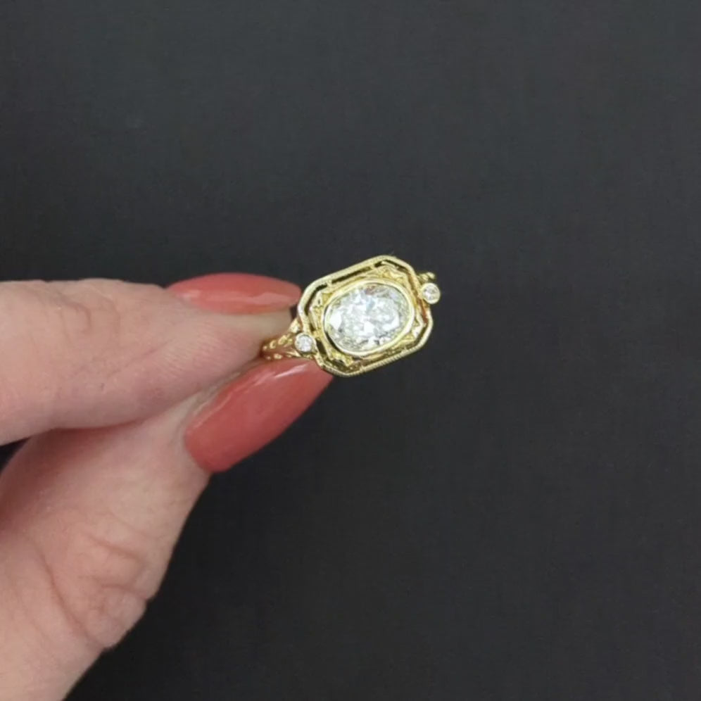 1 CARAT DIAMOND ENGAGEMENT RING VINTAGE STYLE EAST WEST OVAL 14k YELLOW GOLD