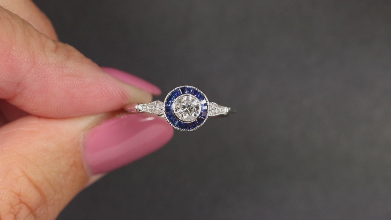 OLD EUROPEAN CUT DIAMOND SAPPHIRE ENGAGEMENT RING ART DECO TARGET VINTAGE STYLE