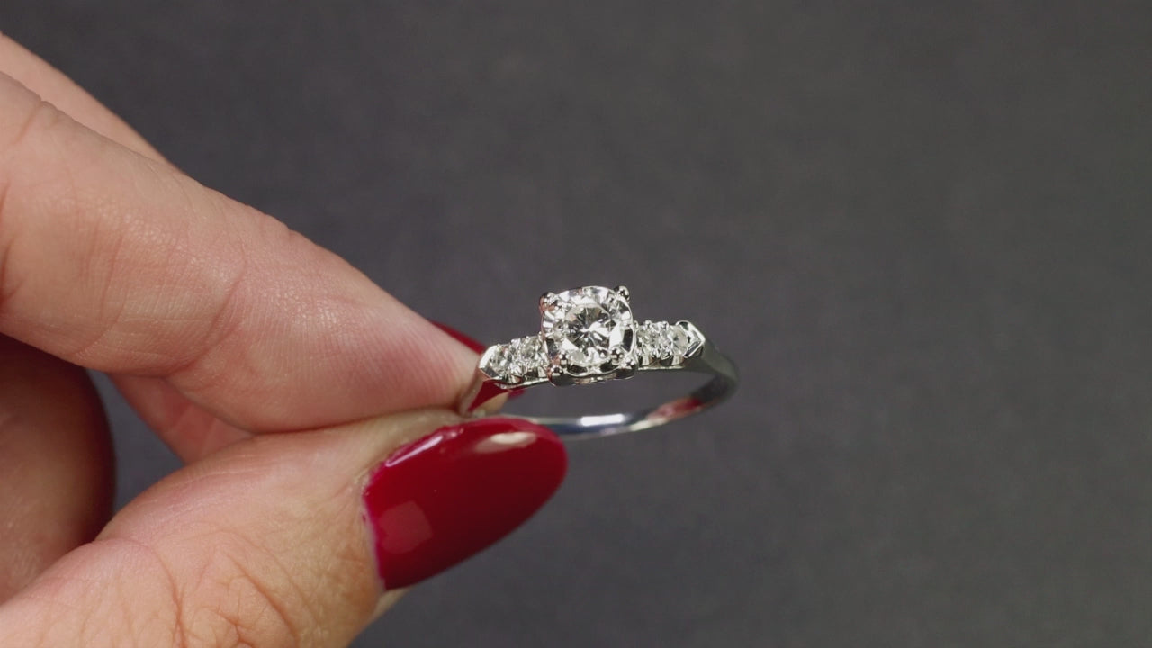 MIDCENTURY VINTAGE DIAMOND ENGAGEMENT RING 14k WHITE GOLD NATURAL ESTATE ROUND