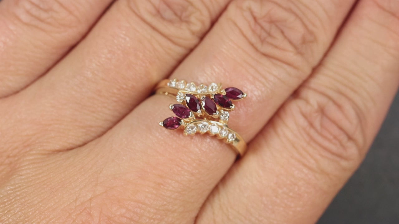 0.70ct RUBY DIAMOND COCKTAIL RING VINTAGE CLUSTER BYPASS 14k YELLOW GOLD NATURAL