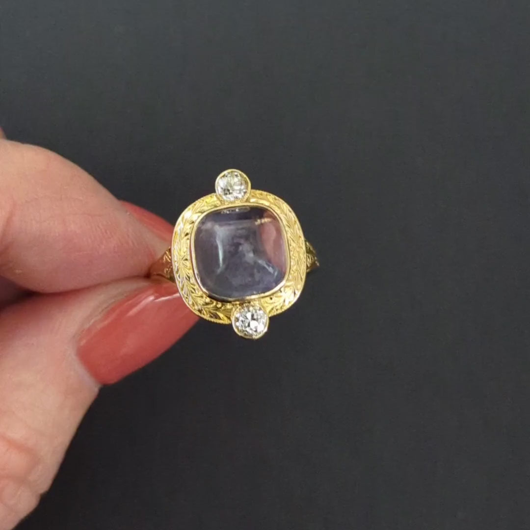 VINTAGE AMETHYST DIAMOND COCKTAIL RING HAND ENGRAVED 14k YELLOW GOLD CABOCHON