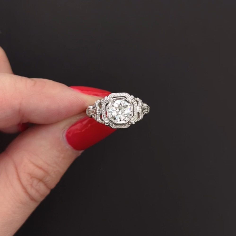 ART DECO DIAMOND ENGAGEMENT RING 0.80ct OLD EUROPEAN CUT 18k WHITE GOLD VINTAGE
