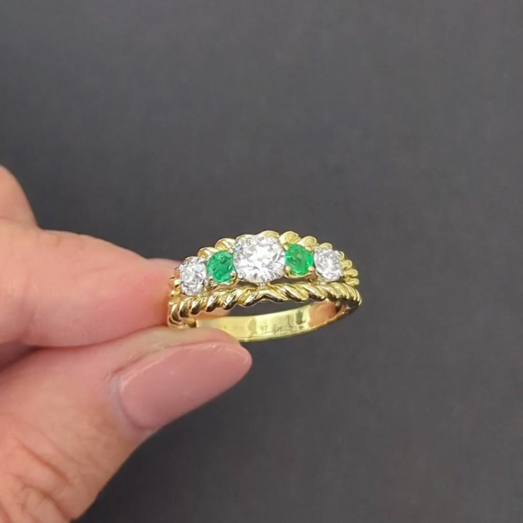 1.40ct VINTAGE DIAMOND EMERALD COCKTAIL RING 18k YELLOW GOLD OLD CUT MID CENTURY