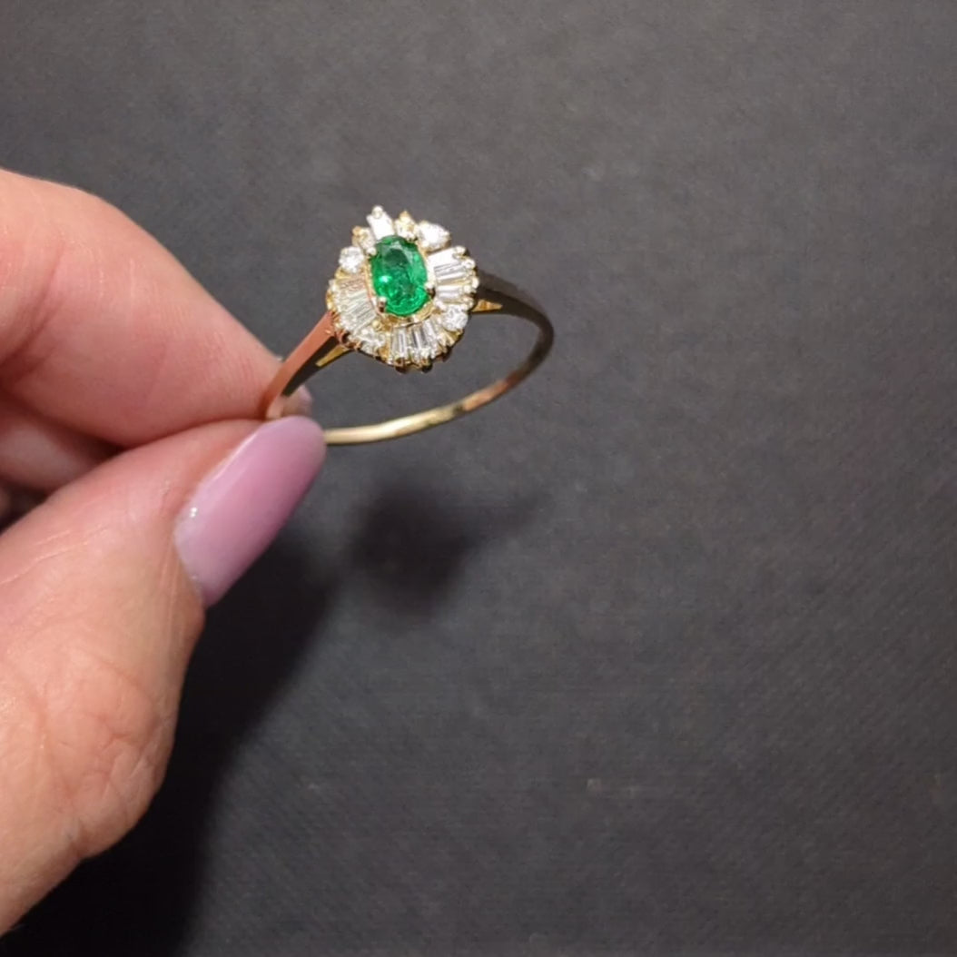 EMERALD DIAMOND HALO COCKTAIL RING 14k YELLOW GOLD NATURAL GREEN OVAL SHAPE