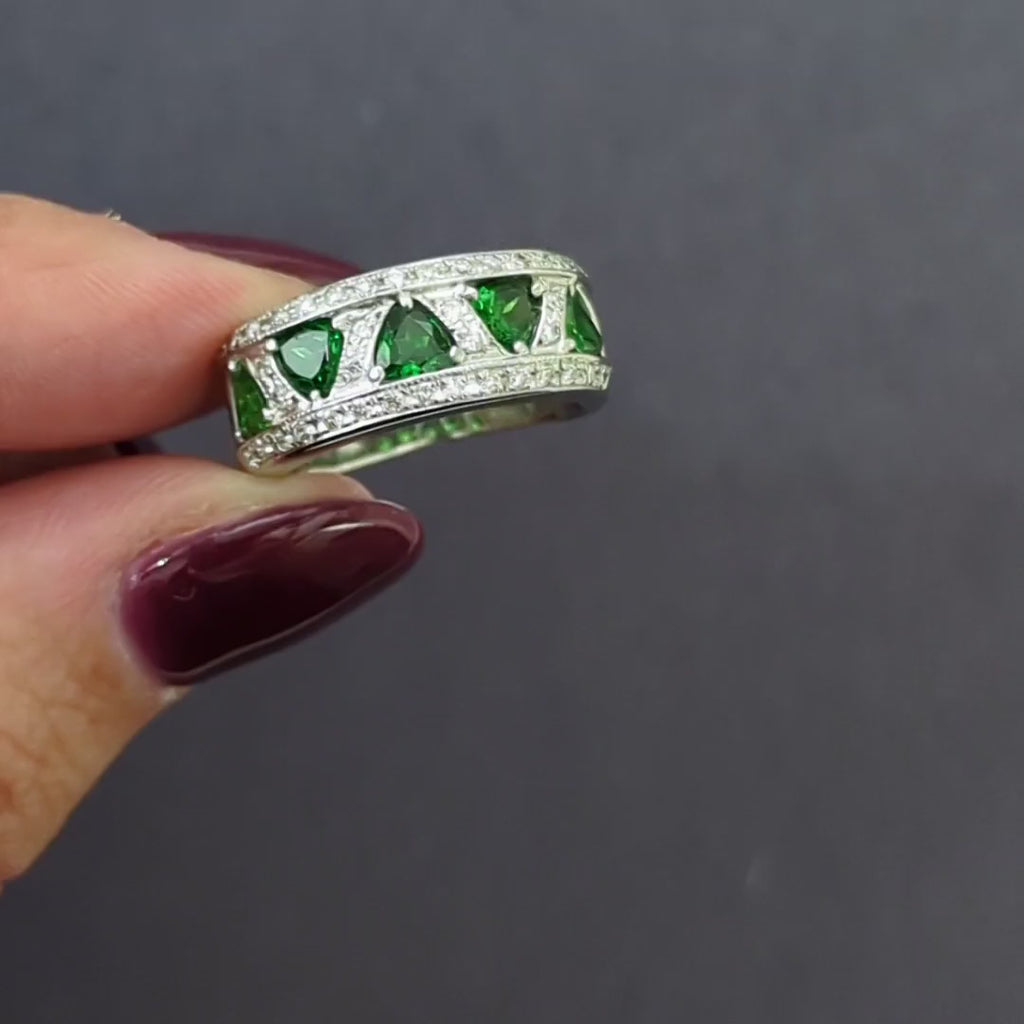 DIAMOND TSAVORITE GARNET COCKTAIL RING WIDE BAND PLATINUM 9.4gm NATURAL TRILLION