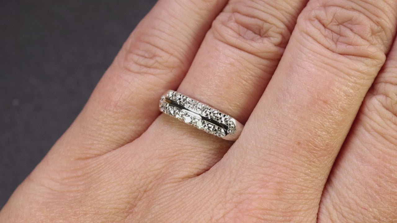 VINTAGE DIAMOND 2 ROW BAND 14k WHITE GOLD RING 1/3ct NATURAL RETRO COCKTAIL
