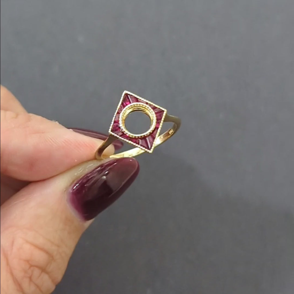 RUBY 6mm ROUND ENGAGEMENT RING SETTING MOUNT GEOMETRIC YELLOW GOLD CALIBRE CUT