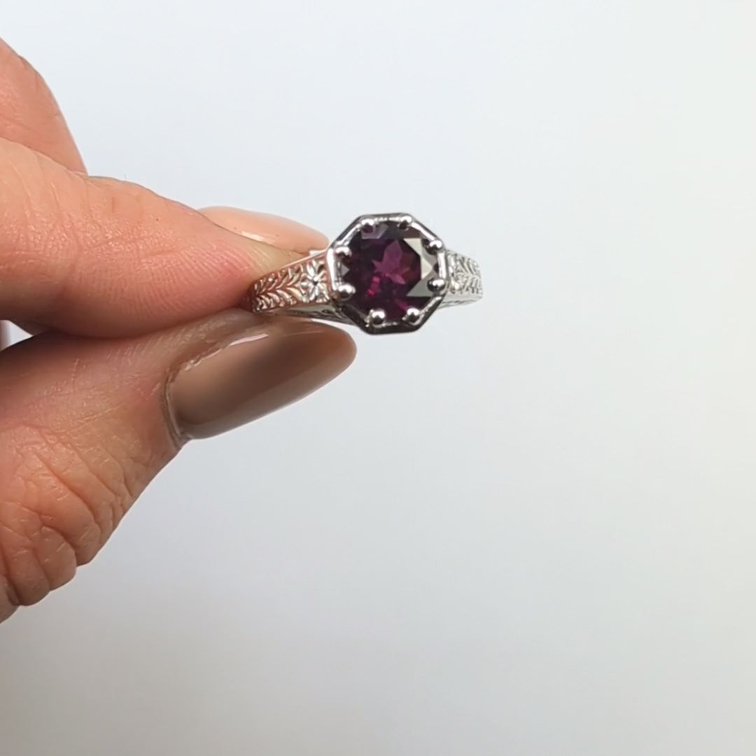 AMETHYST STERLING SILVER RING VINTAGE STYLE ART DECO SOLITAIRE ROUND CUT PURPLE