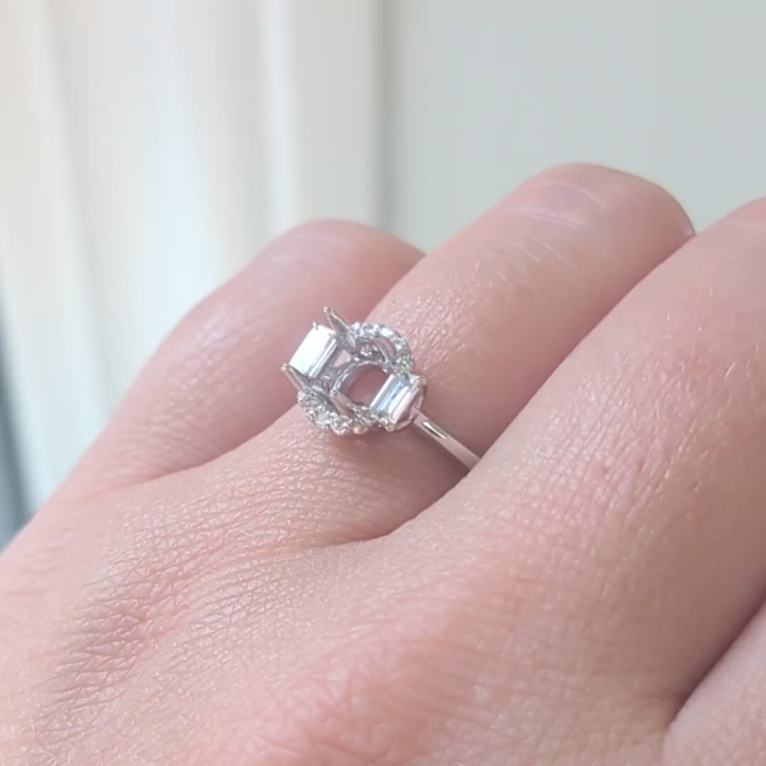 NATURAL DIAMOND RING SETTING FOR 7mm ROUND BAGUETTE HALO SEMI MOUNT ENGAGEMENT