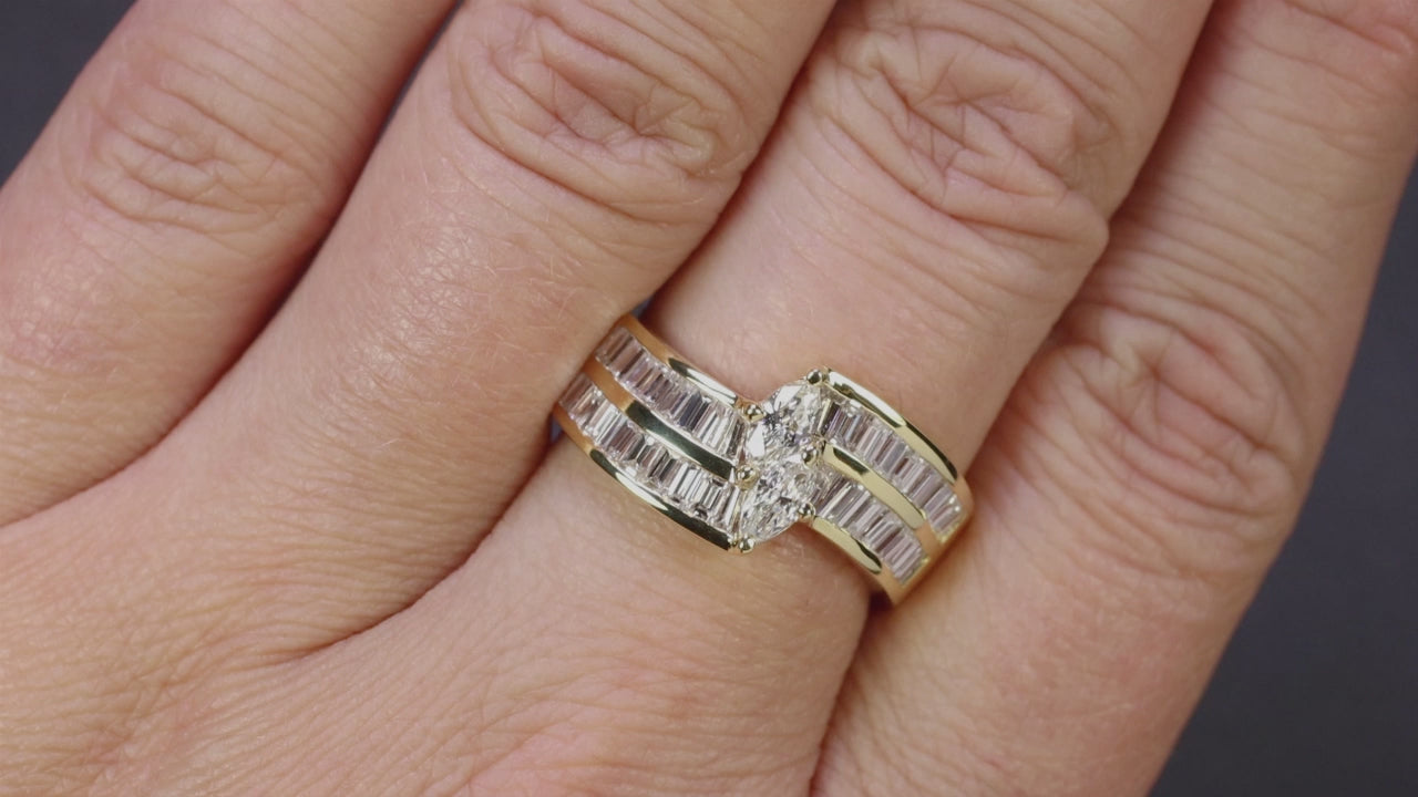 1.5ct DIAMOND COCKTAIL RING G-H VVS-VS 9.6gm 18k YELLOW GOLD BYPASS MARQUISE
