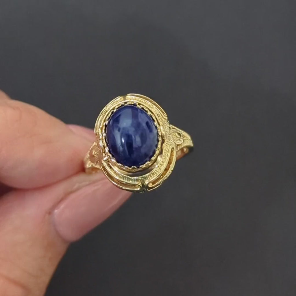 VINTAGE FLIP RING LAPIS LAZULI JADE 10k YELLOW GOLD BLUE GREEN FIDGET COCKTAIL