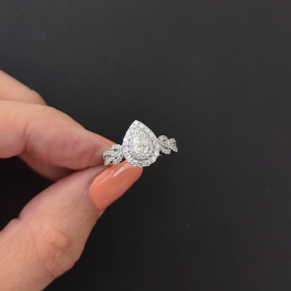 NEIL LANE DIAMOND ENGAGEMENT RING PEAR SHAPE DOUBLE HALO 14k WHITE GOLD NATURAL