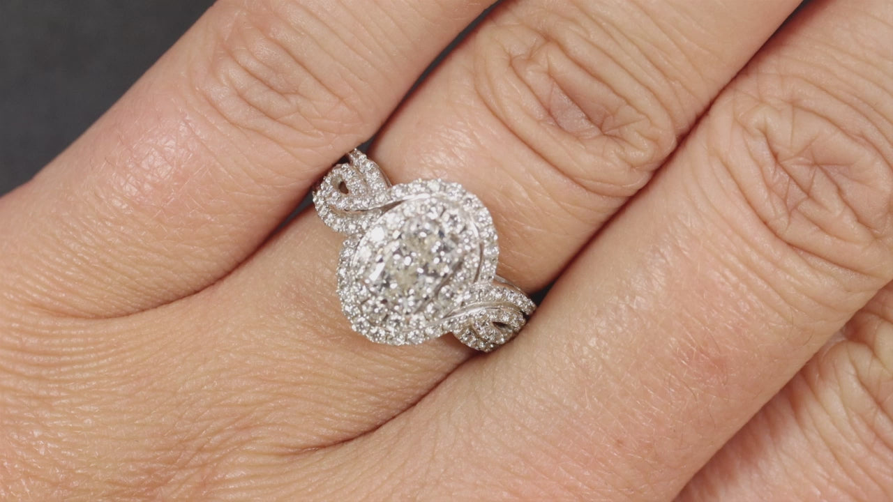 1ct NATURAL DIAMOND COCKTAIL RING DOUBLE HALO ILLUSION CLUSTER 14k WHITE GOLD