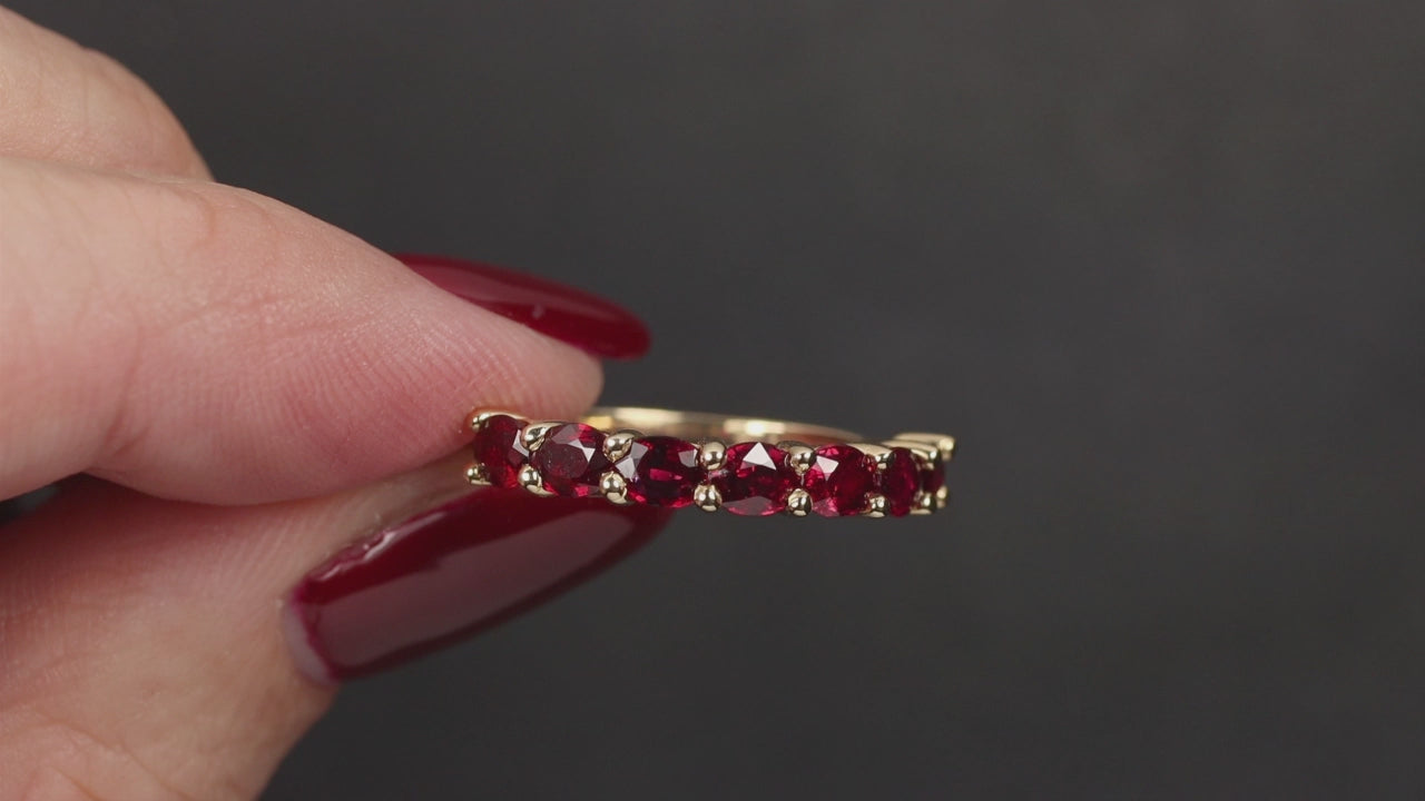 1.58ct RUBY HALF ETERNITY RING 14k GOLD WEDDING BAND OVAL EAST WEST NATURAL