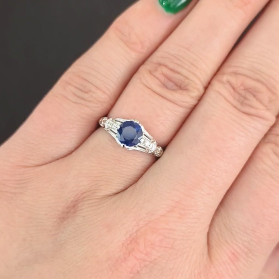 1.17ct VINTAGE STYLE SAPPHIRE DIAMOND COCKTAIL RING 14k WHITE GOLD NATURAL ROUND