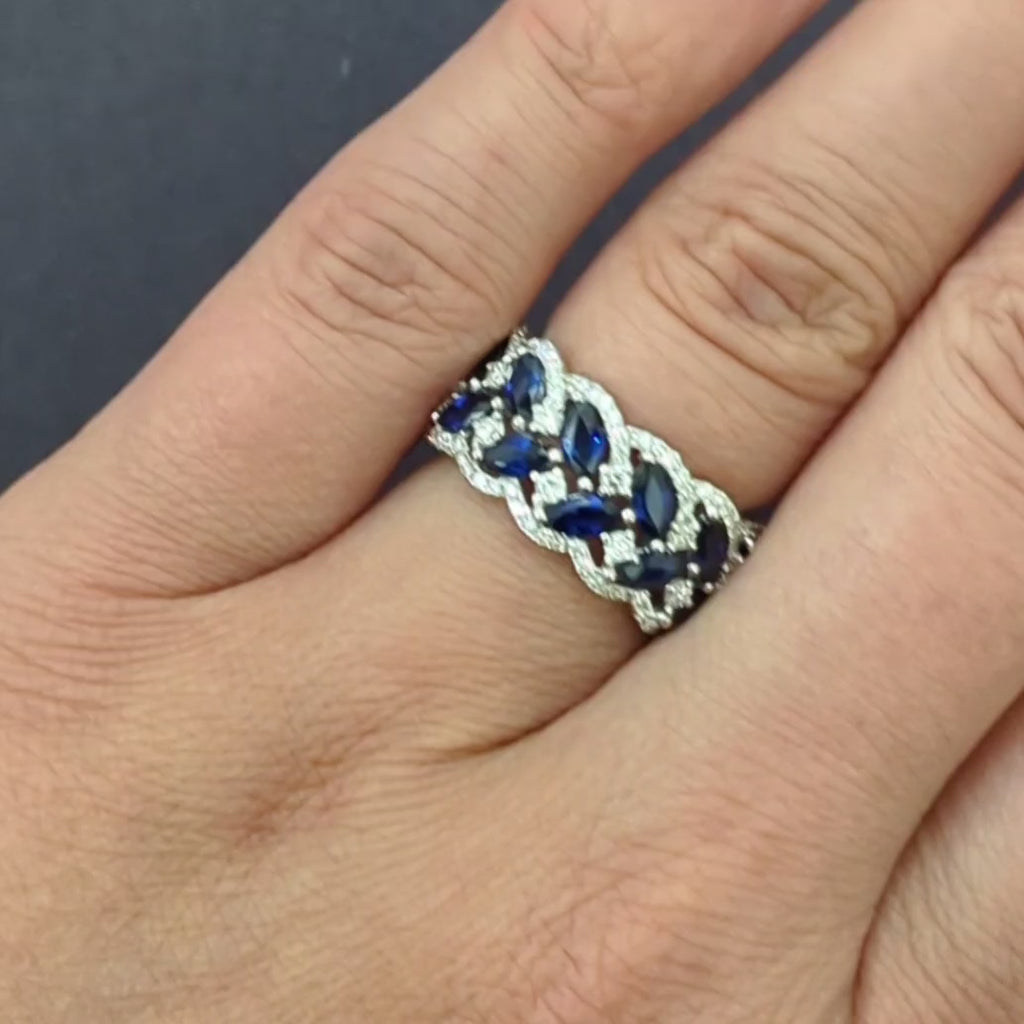 2.61ct SAPPHIRE DIAMOND COCKTAIL RING 18k WHITE GOLD G VS WIDE BAND HERRINGBONE