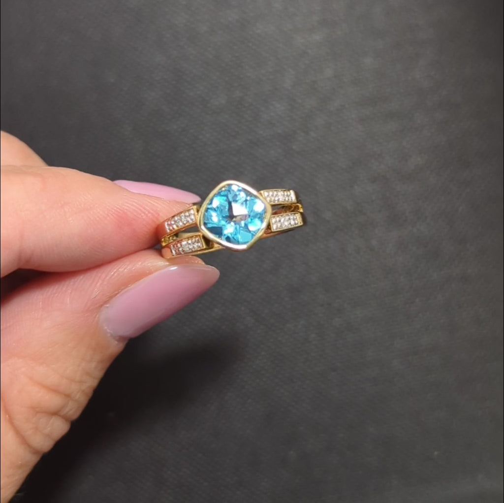 BLUE TOPAZ DIAMOND COCKTAIL RING 14k YELLOW GOLD BEZEL SET CUSHION SPLIT SHANK