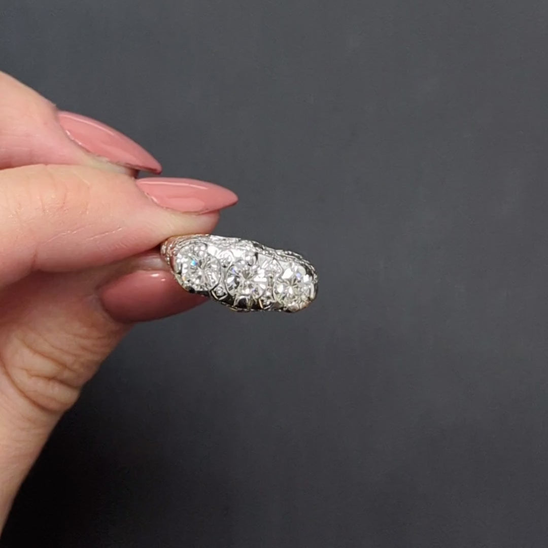 VINTAGE DIAMOND PLATINUM RING 3 STONE FILIGREE 1.73ct ROUND COCKTAIL ENGAGEMENT