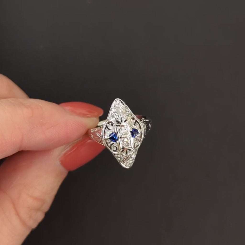 VINTAGE DIAMOND SAPPHIRE COCKTAIL RING ART DECO 14k WHITE GOLD NAVETTE FILIGREE