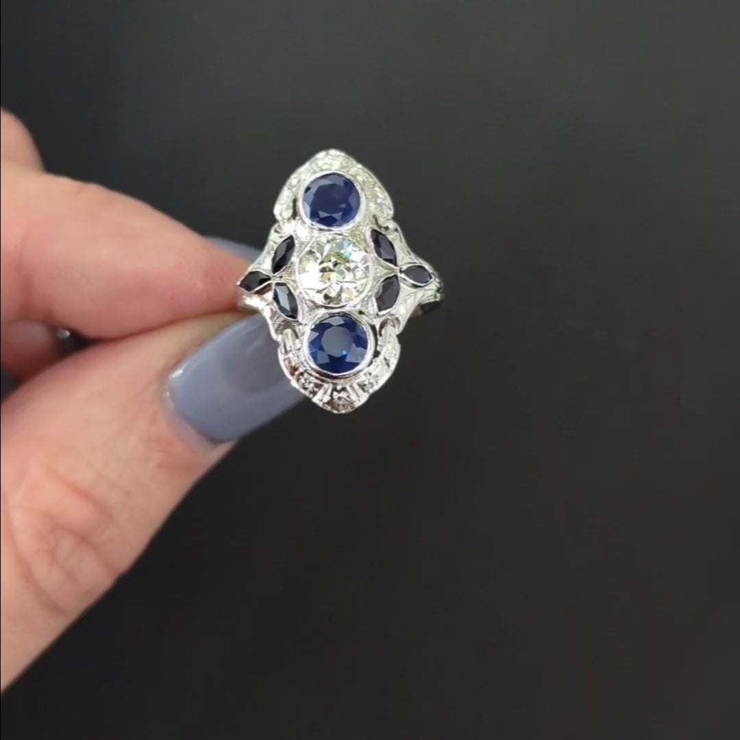ART DECO DIAMOND SAPPHIRE RING 0.90ct OLD EUROPEAN CUT 18k WHITE GOLD VINTAGE